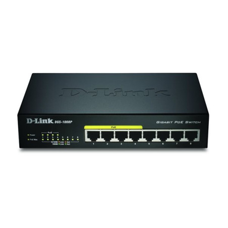 Commutateur D-Link DGS-1008P – 8 ports Gigabit, PoE 4 ports, 68 W, non administrable