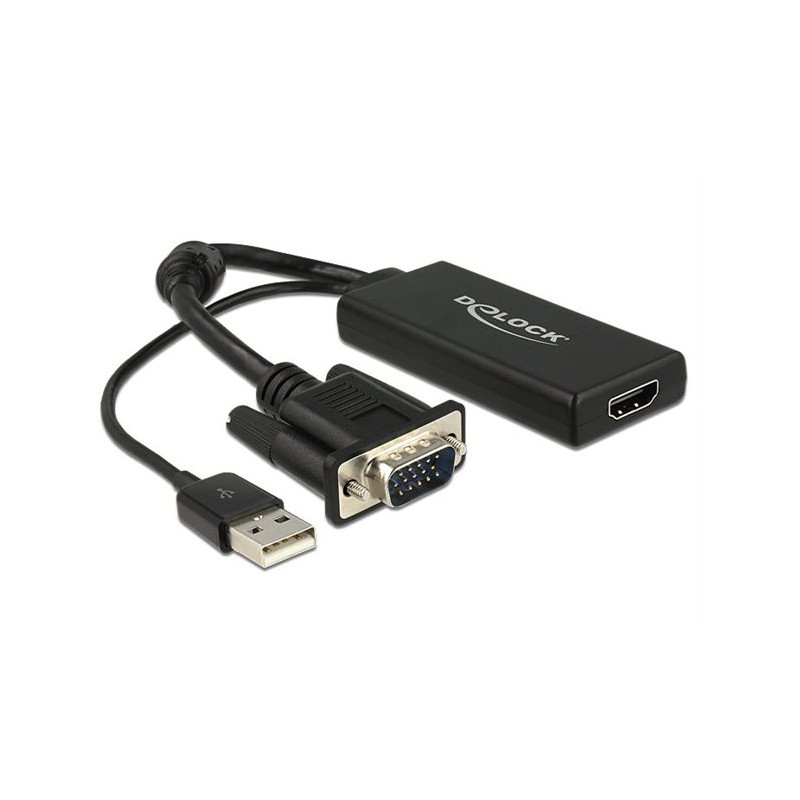 Adaptateur Delock VGA vers HDMI avec audio noir – 0,25 m, connecteur USB Type-A