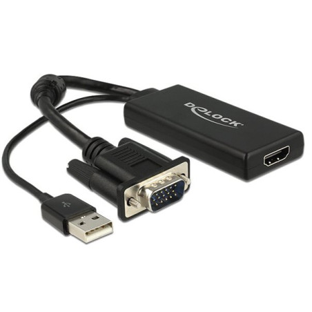 Adaptateur Delock VGA vers HDMI avec audio noir – 0,25 m, connecteur USB Type-A