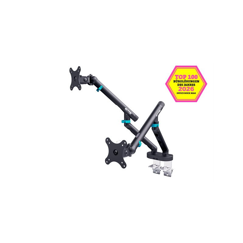 Support double écran Digitus Design – 2 x 35 pouces, 2 x 10 kg, ressort mécanique, noir