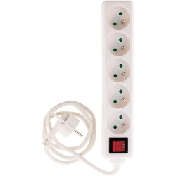 Rallonge fiche plate, 5 prises, avec interrupteur, blanche, 1 m
