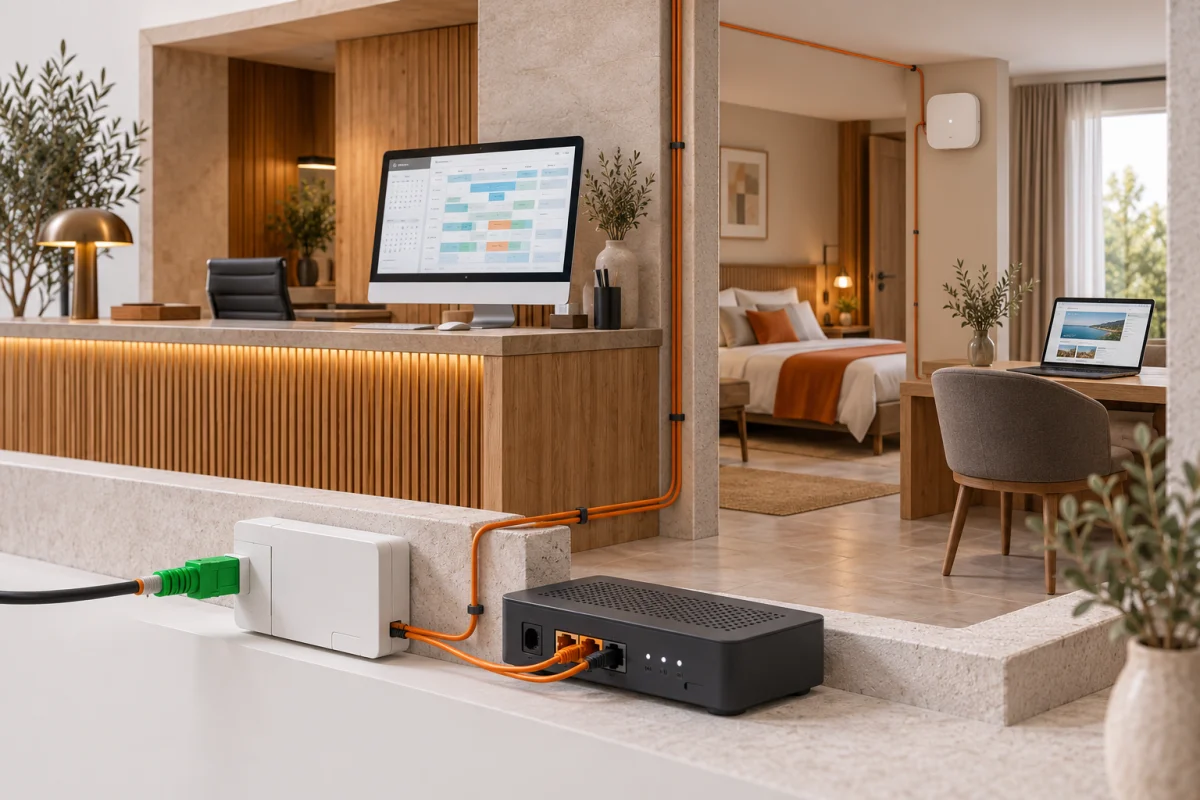 Illustration : fibre, routeur et réseau Wi-Fi d’un hôtel